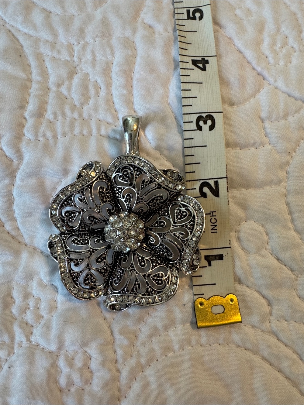 Silver Floral Rhinestone Pendant Necklace or Scarf Brooch